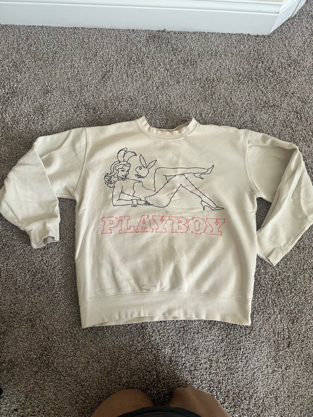 PLAYBOY Cream Crewneck with Pink Logo and Outline Graphic